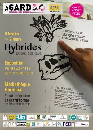 Affiche Hybrides - exposition de sérigraphies, collages, dessins