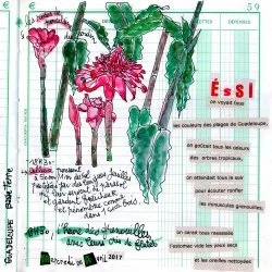 Dessin 26 avril 2017 - Aquarelle, collages et textes en rajout, format 19cm X 21cm, extrait du carnet de voyage perso intitulé ESSI.