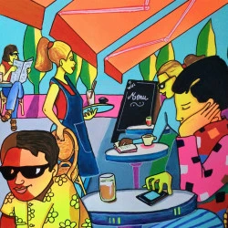 au café - acrylique sur toile 3D, 50x50,2019, au café