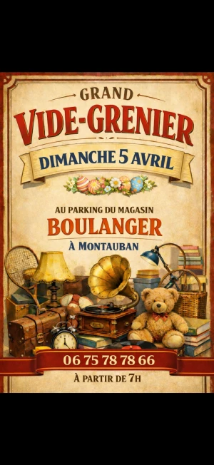 Affiche Grand Vide Grenier Couvert de Pâques Parking magasin Boulanger