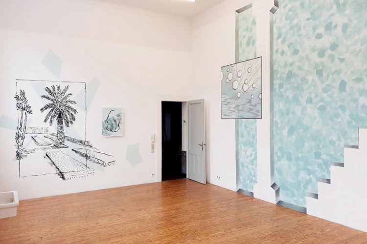 Les débuts de l‘Icônosphère - Installation de peinture murale à l'échelle du bâtiment, dessin murale et peinture sur papier. Exposition réalisée avec Romain-Ruiz-Pacouret, Atelier Höherweg e. V à Düsseldorf, 2021 - Romain Ruiz-Pacouret 