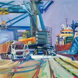 Déchargement du phosphate. Port de commerce Sud de France. Sète. - Huile sur toile de lin. Format : 120 x 40 cm. - Alain DELMAS 