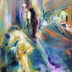 IL ÉTAIT UNE FOIS - Huile sur toile 3D 60X80CM. Il était une fois, un souffle de paix dans un monde déchiré. "Il était une fois", murmure la toile, un bleu profond, un jaune solaire, un violet méditatif. Une silhouette légère, comme un rêve, trouve refuge dans cet instant suspendu, où le temps s'étire et s'apaise, une fragile promesse de sérénité éternelle. - Nathalie Vazquez 