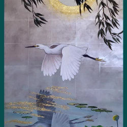 Héron au clair de lune - Acrylgouache sur toile, 55x120 cm - C. Nèble-Atelier2 d'après M. Nadaï 