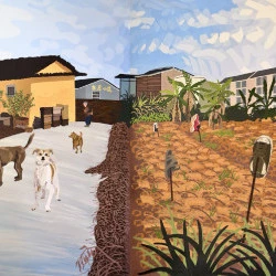 Le champ de chaussures de la maison en terre, Yunshui Yao, Chine, - Peinture acrylique sur toiles, 530 x 190 cm (total), février 2026