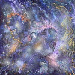 CONSCIENCE COSMIQUE - Huile sur lin, 80 x 80 cm. Plongée dans l'immensité stellaire, "Conscience Cosmique" interroge la place de l'humain au sein du grand tissu de l'univers. Les contours d'un visage émergent de la matière cosmique, suggérant l'unité profonde entre l'esprit et l'énergie créatrice du cosmos. L'œuvre exprime la conviction que l'humanité n'est pas séparée de l'univers, mais participe de son devenir : un mouvement ascendant, une force d'unification et d'expansion. Les flux lumineux et les constellations intérieures invitent à contempler cette dynamique, où la matière se fait esprit, et l'esprit devient lumière. Peinture et cosmos se rejoignent ici dans une même quête : celle d'une vision de l'univers comme un chemin vers l'harmonie et la conscience universelle.