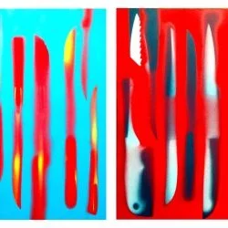 « Pochoirs d'Objets Tranchants » Acte 2 - Bombe aérosol sur cartons couleurs, 24 x 32 cm ch, 2017 - NN 