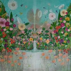La source - Commande toile de lin naturel - 100/100 Acrylique « La vie qui se crée par la rencontre. Le masculin et le féminin contenants, la vie est reçue et s'écoule naturellement. »