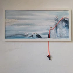 Welcome to Parade Ice III | Bienvenus au Paradis III - Acrylic, plaster and thread on canvas. Plastic gorilla. 52 x 25 cm, 2023 - Oddbjørg REINTON 