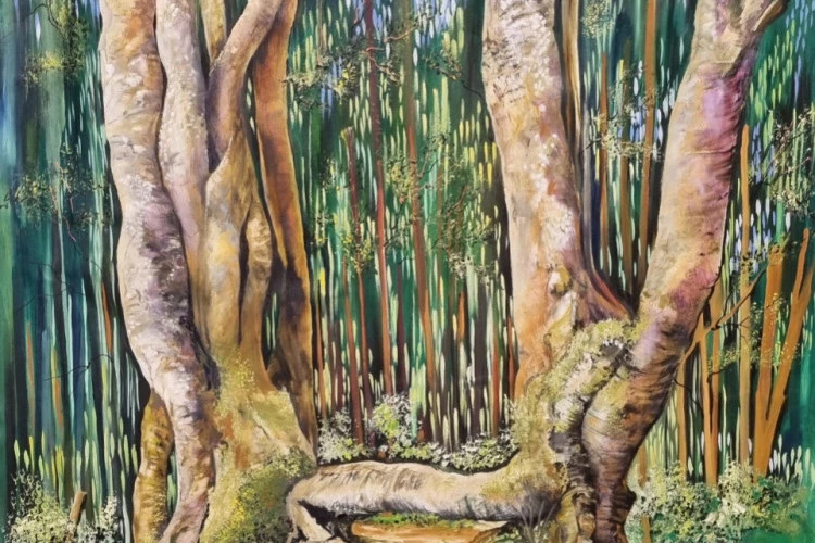 Hetre tortueux - acrylique huile et feuille d'or 22 carats 90 x 80