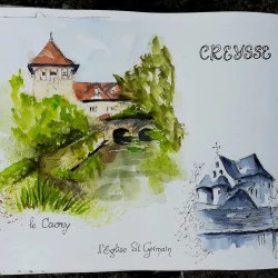 dessin in situ avec les USK Rocamadour dans le village de Creysse - dessin et aquarelle - Michèle STACHAK-SOULACROIX 