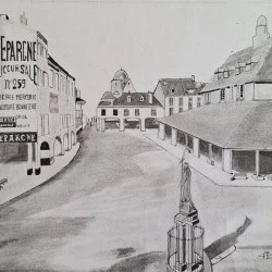 Place Valentin Abeille à Montréjeau au 13ème siècle avant que la halle soit détruite par un incendie - graphite et feutres - 120 euros 