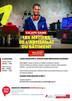 Affiche Escape Game sur les métiers de l'Artisanat du Bâtiment