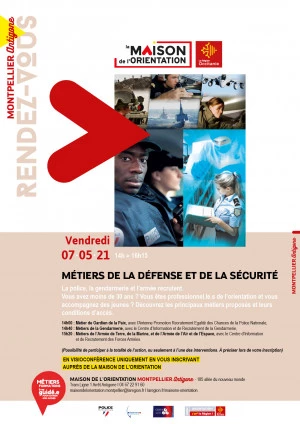 Affiche Métiers de la Défense et de la Sécurité avec la Police, la Gendarmerie et les 3 corps d'armée