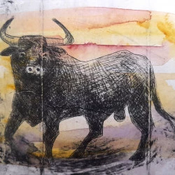 Toro - gravure sur tetra pack et aquarelle