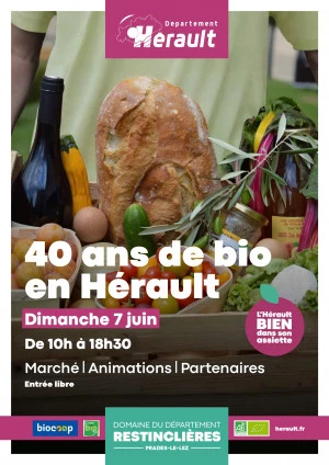 Affiche 40 ans de bio en Hérault avec Biocoop et le CIVAM Bio 34 - Quinzaine des produits Bio et Régionaux