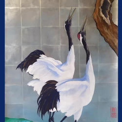 Grues d'Hokkaido - Acrylgouache sur fond argent - 50 x 120 - C. Nèble-Atelier2 d'après M. Nadaï 