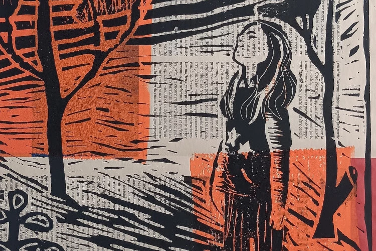 Emma sur papier journal - Linogravure sur papier, 2015 - Katie Montanier 