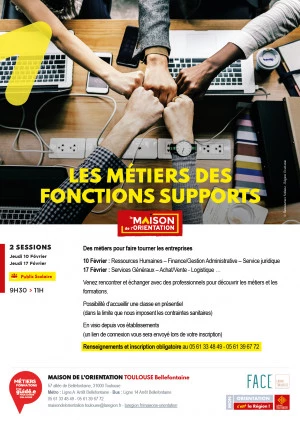 Affiche Les métiers des fonctions support (Ressources Humaines – Finance/Gestion Administrative - Service juridique) Public jeune