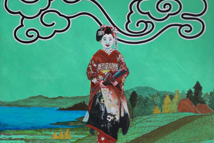 Geisha No 1 en 3 modes - Acrylique sur Toile, 60 x 60 cm, 2016-18, Geisha No 1 en 3 modes - Oeuvre collaboratif de Kenneth Hay & Seetha A (Moorland Productions) 