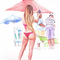 Selfie avec vendeurs de ceviche - dessin sur papier bambou 150x125 (2017) - Rosario Heins 