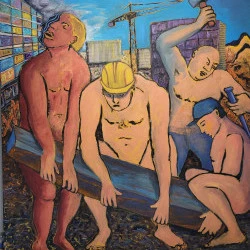 Men at work - (2024) 150 x150 cm technique mixte sur toile. Quelle est la place de l'humanité dans un monde où le progrès technologique est en expansion permanente ? Ici les personnages sont nus, vulnérables pour accomplir un effort collectif éprouvant, un acte dérisoire face au gigantisme de l'urbanisation. Cette peinture est une méditation sur le labeur, la force humaine et la relation entre l'homme et l'environnement urbain. - Bruno Lassalle 