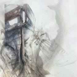 la Jeanne Elisabeth. - dessin sur papier Arches satiné. crayon de couleur, crayon graphite et cendre de cigarette. 38,5 x 57 cm