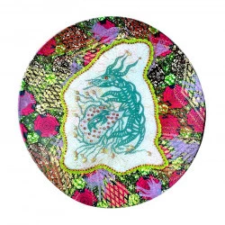 Série "VAGABONDAGE GRIGRI MIX" - Sérigraphie textile tendue sur châssis, crochet, perles// Diamètre 90cm// Pièce unique// 2018 - Ayda-Su Nuroglu 