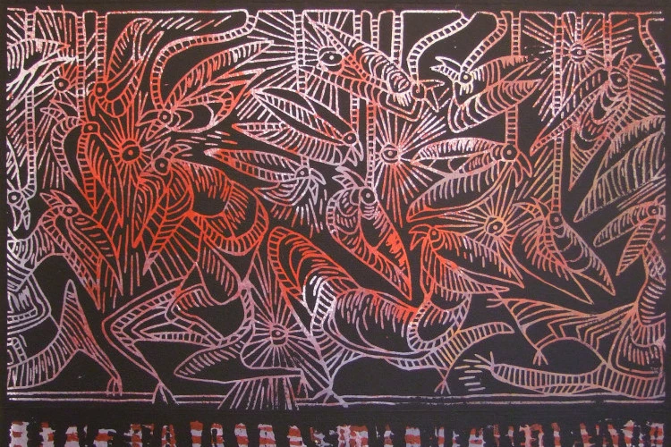 "De la cage au branchage" - gravure sur bois, impression papier 300g, non encadrée, 50x65 - 150€ 