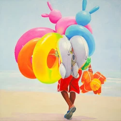 Vendeur des bouées balleines et lapins - acrylique sur toile 150x150 (2016) - Rosario Heins 