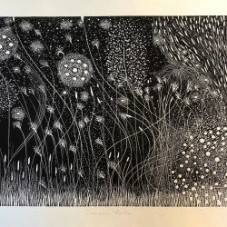 Semences étoilées - Estampe, gravure sur bois, taille d'épargne, 50 cm x 65 cm
