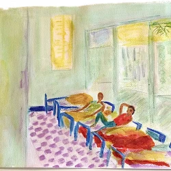 Hotel Riyad, Port Soudan - ink, coloured pencil on rag paper,(2014 from original drawing) 30x42cm - Joan Cullen 