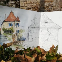dessin in situ avec les USK Rocamadour - village de Mezels - dessin aquarellé - Michèle STACHAK-SOULACROIX 