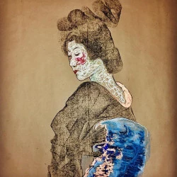 Geisha / Entre vu - fusain pigment pastel et cuivre doré sur papier kraft 100x100cm - Maxime Gralet 