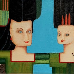 Deux Sœurs - Double portrait, huile sur toile, 20 x 20 cm - Jeanne METTRA 