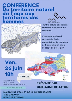 Affiche Conférence "Du territoire naturel de l'eau aux territoires des hommes" par Guillaume Bellaton.