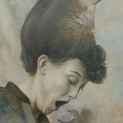 Femme aux oiseaux - Acrylique sur toile, format 38 X 55 cm