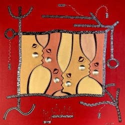 Tribu - Laque argentée, acrylique irisée et tôles embossées / 3D - 100x100cm