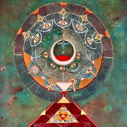 Inexfusion - Ink, dye, acrylic, gold leaf, metal powder, on wood, with levkas ( organic glue and blanc de medon) 35x45 cm