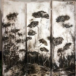 Avec les pins, à Uzès. - Triptyque, acrylique sur toile. 145x120 - Catherine Stoll-Simon 