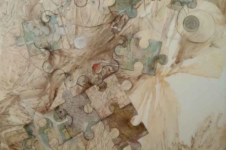 la tâche du traducteur - acrylique et collage sur toile 115cmx145cm - élise eid 