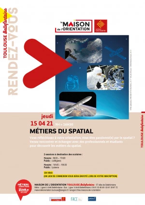 Affiche Les métiers du spatial (Visioconférence pour public collégien.nes.s/lycéen.ne.s)