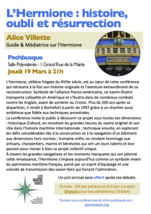 Affiche L'Hermione, histoire, oubli et résurrection, par Mme Alice VILLETTE 
