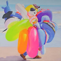 vendeur de bouées, ballon de Barcelone - acrylique sur toile 100x100 (2016) - Rosario Heins 