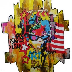 NINAPOP - 95 cm x 120 cm - Portrait de Nina, Dans l'esprit "POP ART" Peinture acrylique sur panneaux bois préparés, assemblés et découpés de façon aléatoire afin de s'affranchir du cadre rigide et strict du tableau conventionnel. Finition de protection résine incolore afin de pérenniser les couleurs. Œuvre exemplaire unique (original) Peut être proposé en défiscalisation avec certificat d'authenticité et justificatif de cotation de l'artiste. - création & photographie : CGÉAN - Titre : NINAPOP 