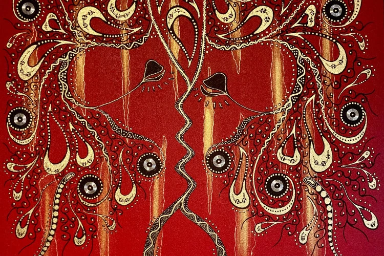 Fumen - Laque dorée et inserts métalliques sur acrylique / 3D - 80x80cm