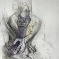sans titre - iris sous presse, crayon graphite et cendre de cigarette. 50 x 60 cm