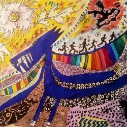 Dragon bleu - dessin, encre, acrylique, posca, feutre …
