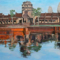 Cambodge - Angkor Vat se reflétant dans les douves - Huile sur toile - Dimensions 50 x 100 cm - Annette Cunnac 