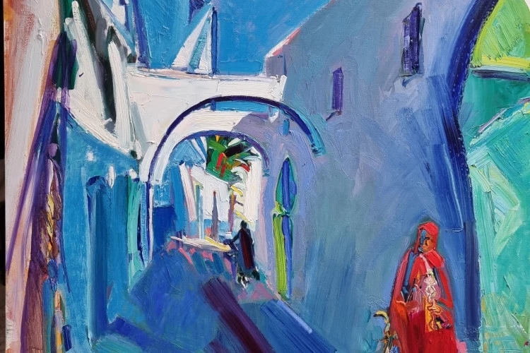 Casbah et femme berbère à Azemmour. Maroc. - Huile sur toile de lin. Format : 110x81 cm. - Alain DELMAS 